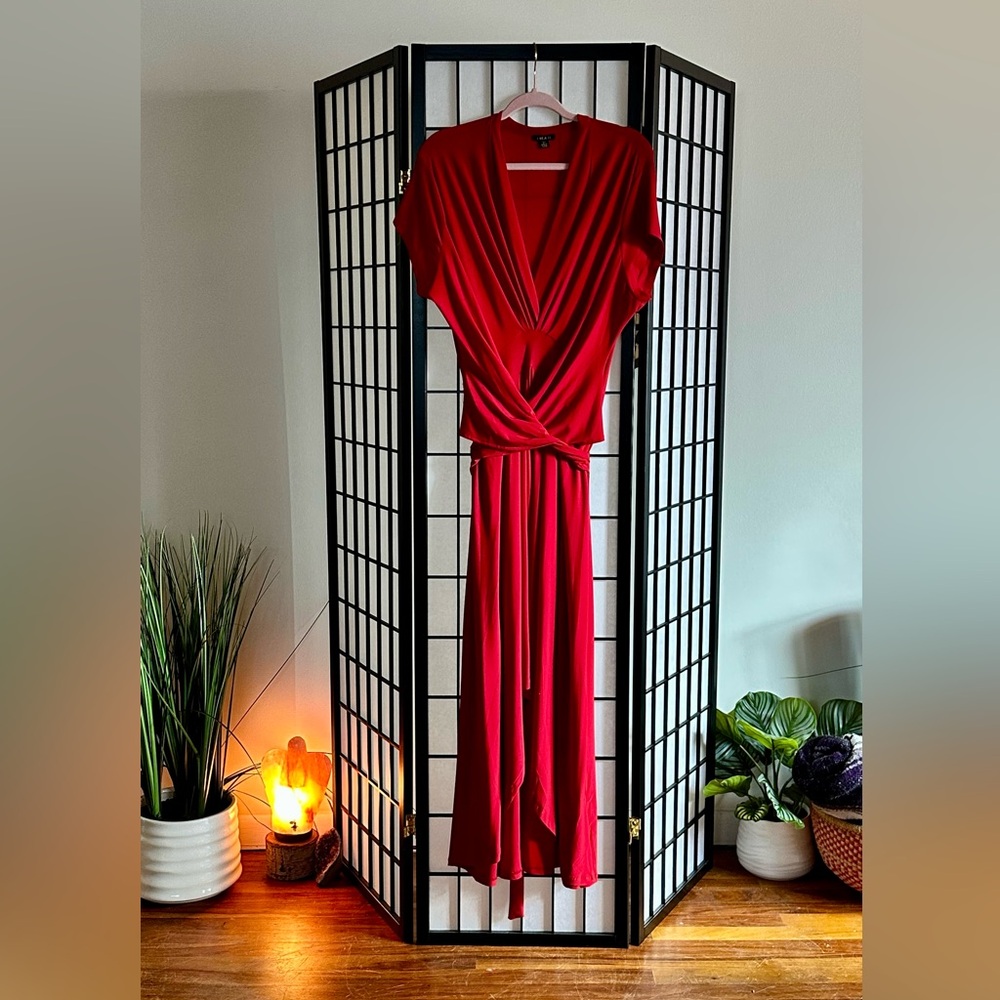 IMAN Red V-Neck Dress with Wrap Waist | High-Low Hem | Size 3X